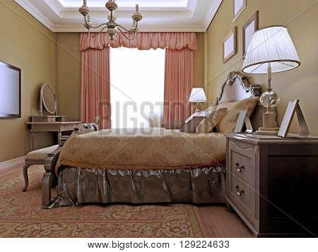 Classic english bedroom design. Elegant room with dressing table made in soothing color combinations. Brown walls and light wood flooring. 3D render