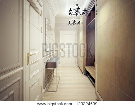 Modern corridor style. A narrow and functional corridor with light gray walls wardrobes and sofa console and large mirror. 3D render
