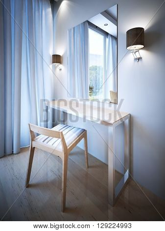 Dressing table with large mirror. Mirror without frame two sconces with dark brown shades. Metal table with wooden top and cute soft chair. 3D render
