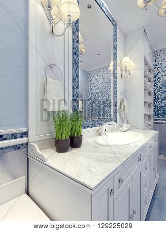 Provence blue bathroom trend. Bathroom furniture in white. A large mirror with mosaic frame of blue white mixer sink consoles. 3D render