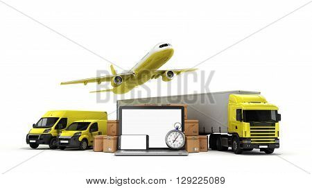 Concept Of Fast International Deliveries Different Modes Of Transport Near The Boxes And Laptop 3D I