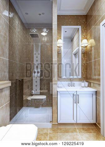 Design of modern bathroom. The combination of natural marble tiles and a small mosaic in the shower and around the mirror. Cosy modern design bathroom with limited space. 3D render