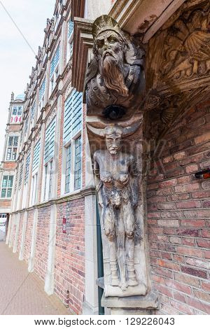 architectural detail of the historical devil house in Arnhem Netherlands that houses a part of the city hall
