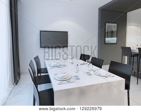 Black and white dining room trend. Dining with dining table set for six people. Hanging TV on the wall. 3D render