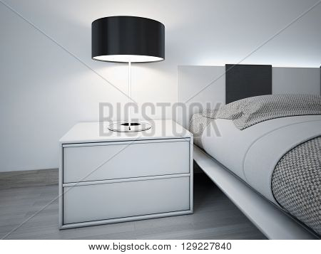 Contemporary monochrome bedroom design. Stylish bedside table near bed with neon lights behihd headboard. Lamp with black lampshade.