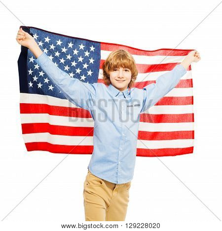 Picture of American teenage boy waving star-spangled banner, isolated on white background