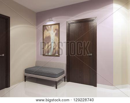 Soft sofa in hall. Colored walls. 3D render