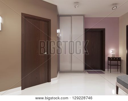 Idea of minimalist entrance hall. Single main door wardrobe with white matt doors. 3D render