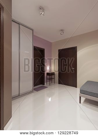 Entrance modern style. Wardrobe with white matt sliding doors simple console with white lamp and a soft bench grey color. 3D render