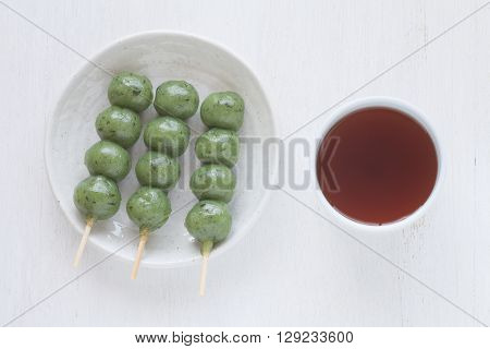 Japanese confectionery kusa dango mugwort-flavored rice dumpling