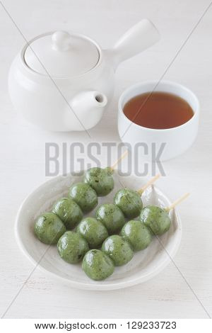 Japanese confectionery kusa dango mugwort-flavored rice dumpling