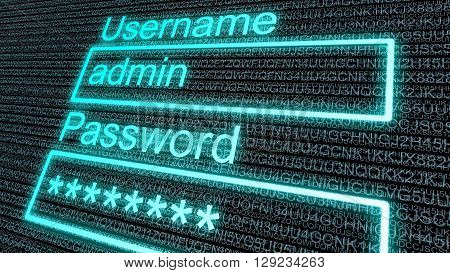 Screen with two text fields with username and password entry closeup 3D illustration