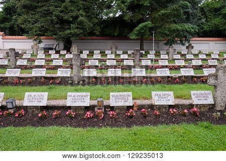 URSBERG, GERMANY - JUNE 09: The graves of members of St. Joseph Congregation on the cemetery in Ursberg, Germany on June 09, 2015.