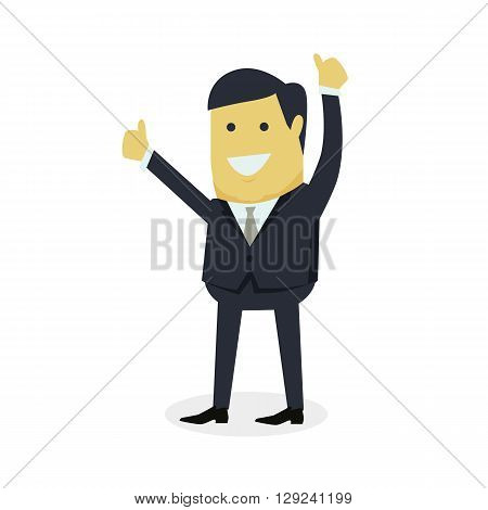 Businesman show gesture thumb up. Young successful man do business hand gesture shows good job isolated on white background. Approval of the praise and agreement. Vector illustration