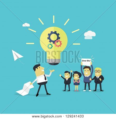 Successful design concept great idea design flat. Businessman with a piece of paper in his hand creates a new idea. Business  work employee happily support colleague with banner. Vector illustration