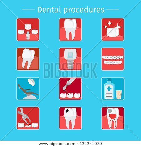 Stomatology and dental procedures flat icons. Toothcare vector illustration