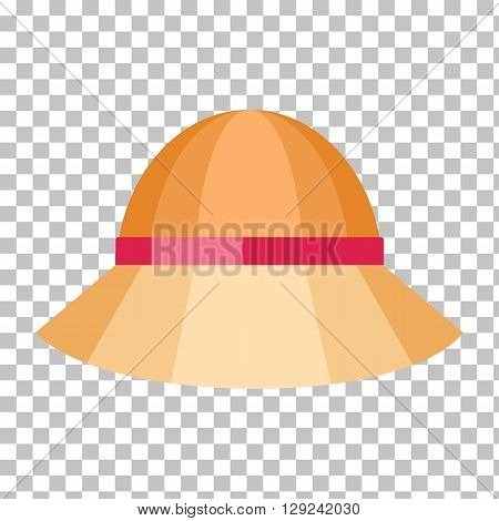 Summer hat isolated on checkered background. Fashionable orange Panama hat with red ribbon for protection from sun and rain weather conditions. Garment for wearing on the head. Vector illustration