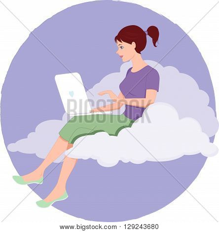 Cloud Internet. Young woman working on a laptop computer sitting on a cloud