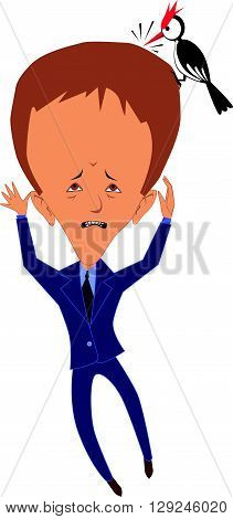 Headache. Man with a woodpecker pecking on his head.
