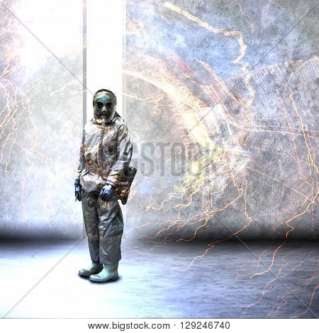 Soldier wearing a gas mask in disaster war and military concept
