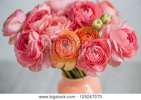 bunch of pale pink ranunculus persian buttercup light background, wooden surface. glass vase.  spring, summer