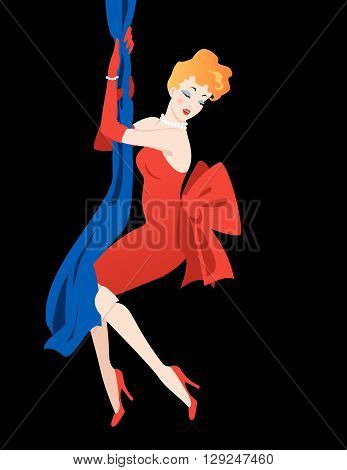 Sexy redhead woman in red cocktail dress, pearls and high heels pumps climbing drapes