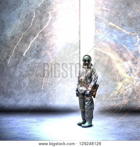 Soldier wearing a gas mask in disaster war and military concept