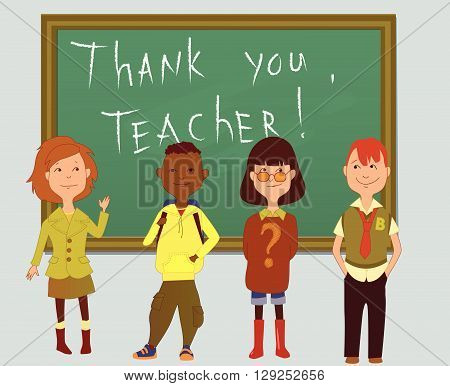 Thank you teacher, a group of schoolchildren in front of a board