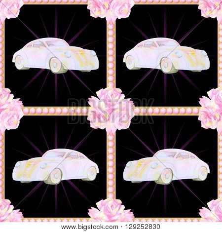 Hand drawn watercolor seamless pattern. Car and flower. Wedding seamless pattern. Woman seamless pattern. Decorative seamless pattern. Watercolor elements