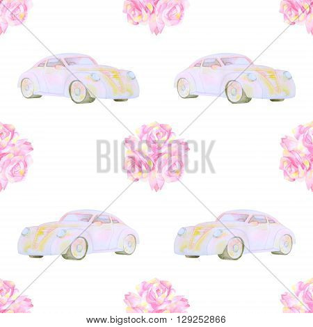 Hand drawn watercolor seamless pattern. Car and flower. Wedding seamless pattern. Woman seamless pattern. Decorative seamless pattern. Watercolor elements