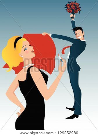 Dating scene metaphor with a bullfighter holding out cape