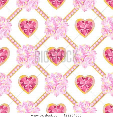Hand drawn watercolor seamless pattern. Heart and flower. Wedding seamless pattern. Valentines seamless pattern. Decorative seamless pattern. Watercolor elements
