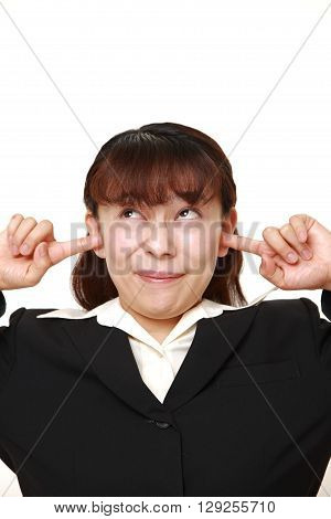 Asian businesswoman suffers from noise on white background
