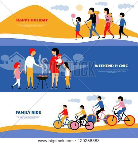 Holiday weekend family bbq picnic 3 flat horizontal banners set with bicycle ride abstract isolated vector illustration