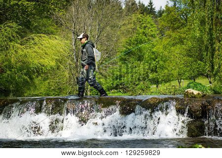 Fly Fisherman Fishing Trouts In  River