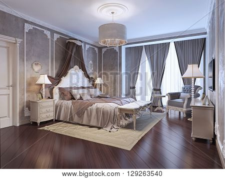 Expensive interior of bohemian bedroom. Luxury bedchamber textured wall with molding mahogany parquet flooring. 3D render