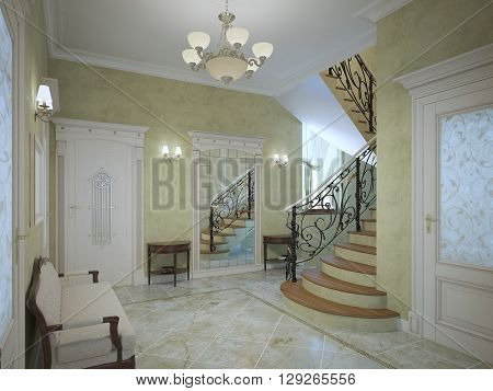 Bright corridor of luxury house in neoclassical style. Wide meeting with sconces on perimeter. Plaster textured walls of light olive color light marble ceramic flooring. 3D render