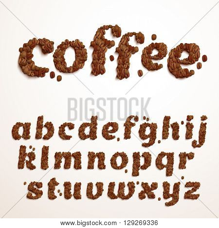 Vector font made of coffee beans. Realistic characters style. Latin alphabet from A to Z. 