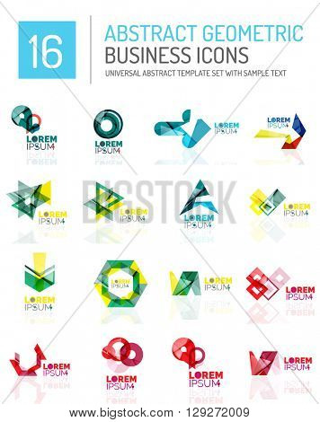 Abstract geometric business logo icon set. Colorful geometrical figure compositions with light effects - triangles circles rings arrows lines