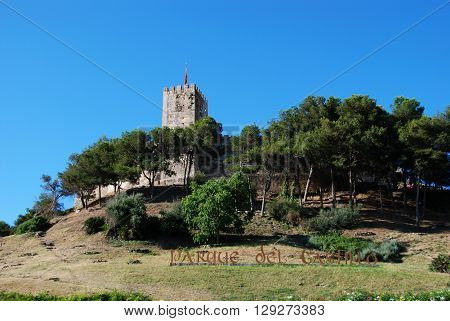 Sohail Castle with the Parque del Castillo sign in the foreground Fuengirola Malaga Province Andalucia Spain Western Europe.