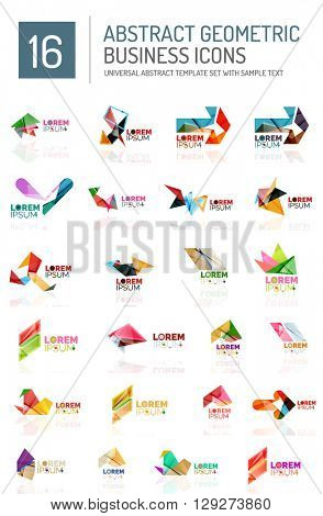 Abstract geometric business logo icon set. Colorful geometrical figure compositions with light effects - triangles circles rings arrows lines