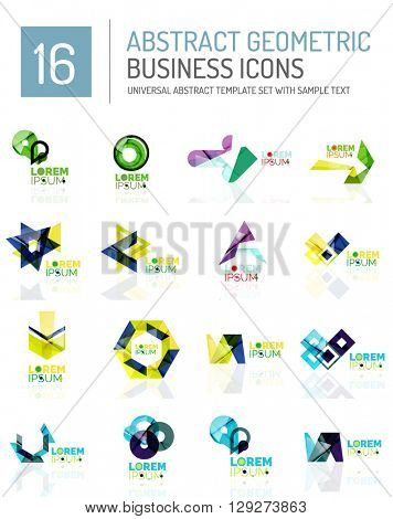 Abstract geometric business logo icon set. Colorful geometrical figure compositions with light effects - triangles circles rings arrows lines