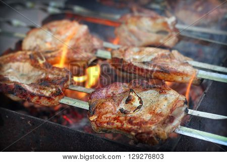 Appetizing hot shish kebab on metal skewers