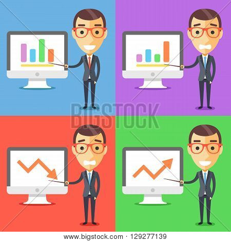 Business characters set. Businessman with pointer and presentation on computer screen. Modern flat design concept for web banner, website, printed materials, infographics. Creative vector illustration