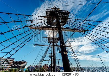 Alicante Spain- February 02 2016: Detail of old spanish ship 