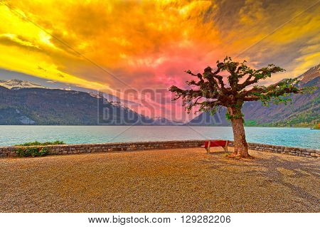 Embankment of the Lake Brienzer in Switzerland at Sunset