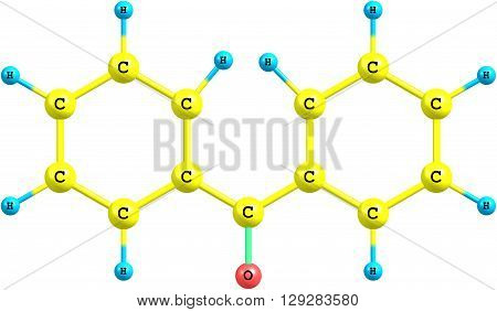 Benzophenone is the organic compound. Benzophenone is a widely used building block in organic chemistry being the parent diarylketone. 3d illustration