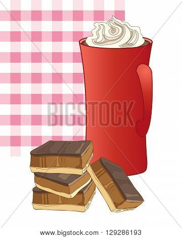 an illustration of a mug of coffee with whipped cream and some caramel shortbread with a pink gingham background