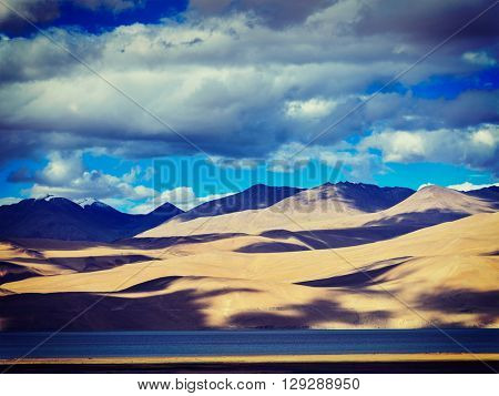 Vintage retro effect filtered hipster style image of Himalayan mountain lake in Himalayas Tso Moriri, Korzok,  Changthang area, Ladakh, Jammu and Kashmir, India