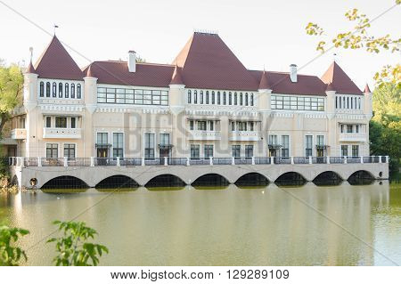 Moscow, Russia - August 11, 2015: A Beautiful Building - The Castle On The Lake In The Territory Of
